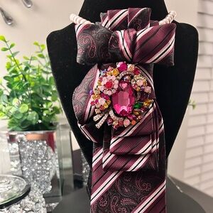Pink & Burgundy Striped Paisley Tie with Jeweled Brooch